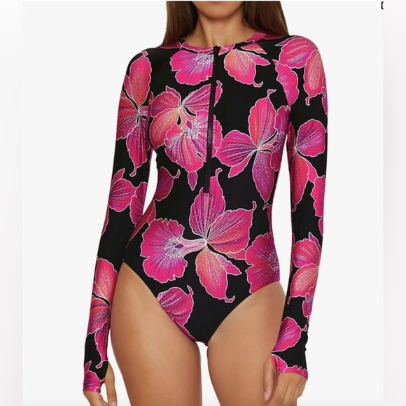 Trina Turk Fleury Floral Rashguard Paddle One Piece Long Sleeve Suit Swimsuit - Picture 2 of 8